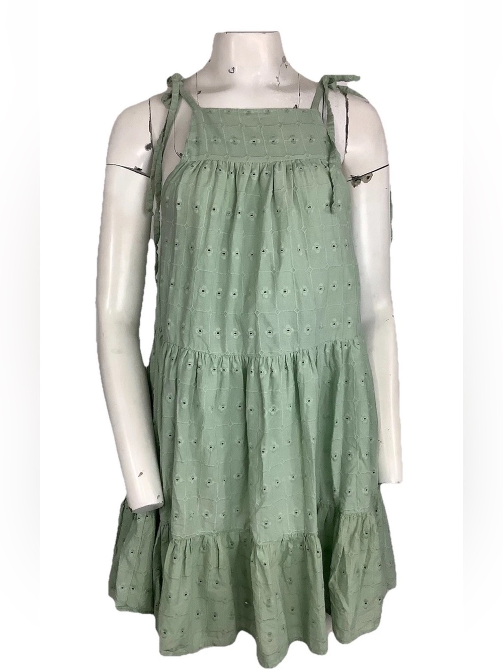 ASOS Sz 2 100% Cotton Eyelet Tiered Spring Summer Swing Trapeze Dress Green